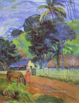  pferd - Pferd auf Straße Tahitian Landschaft Pfosten Impressionismus Primitivismus Paul Gauguin